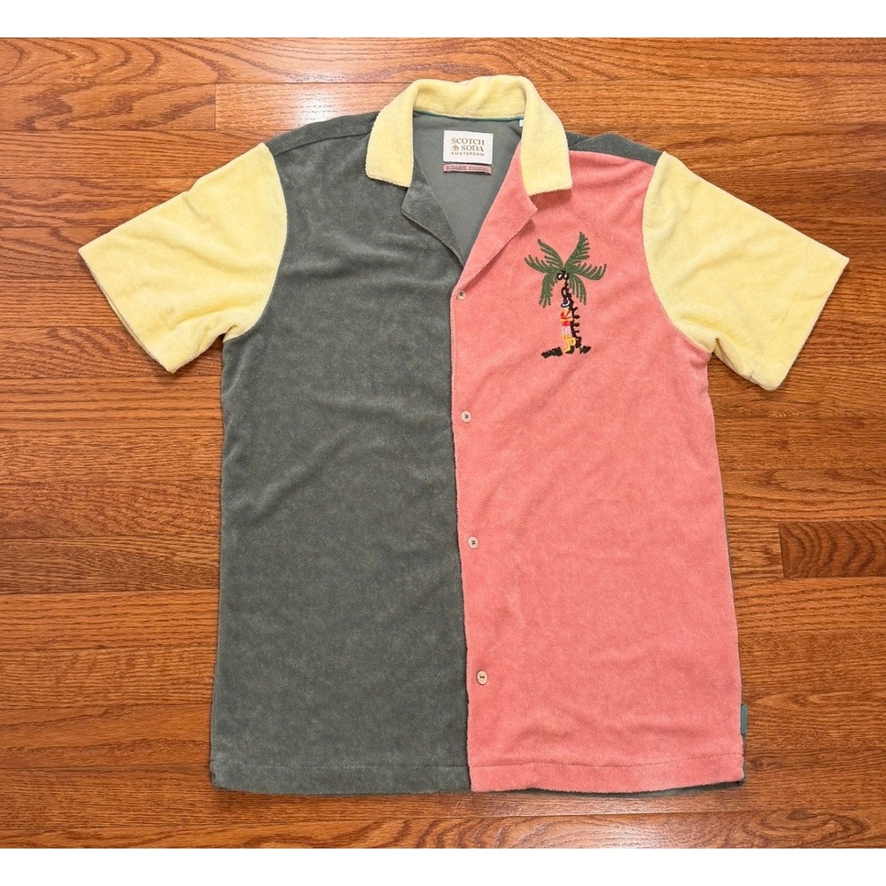 Scotch & Soda Terry Cloth Shirt Mens Medium Pink Green Yellow Tropical Resort